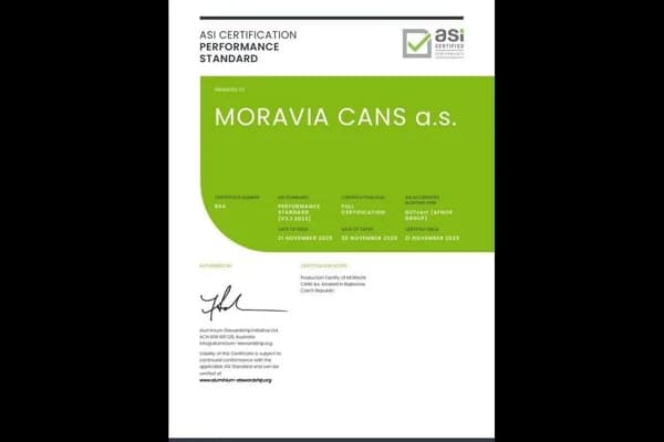 ASI certifies MORAVIA CANS a.s. against Performance Standard V3.1
