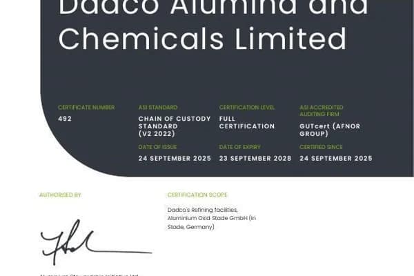 ASI certifies Dadco Alumina and Chemicals Limited against the Chain of Custody Standard V2