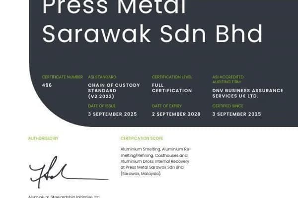 ASI certifies Press Metal Sarawak Sdn Bhd against Chain of Custody Standard V2