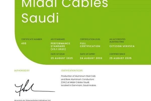 ASI certifies Midal Cables Saudi against Performance Standard V3.1