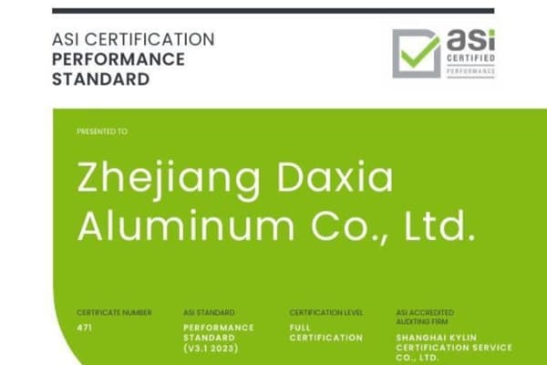 ASI certifies Zhejiang Daxia Aluminum Co., Ltd. against Performance Standard V3.1