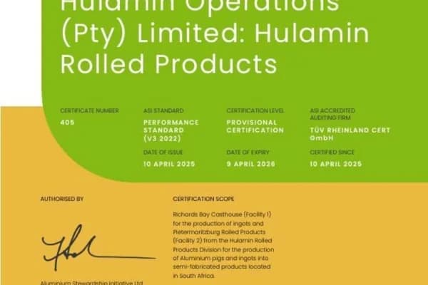 ASI certifies Hulamin Operations (Pty) Limited against Performance Standard V3 with Provisional status