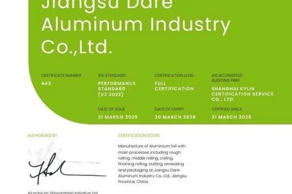 ASI certifies Jiangsu Dare Aluminum Industry Co., Ltd. against Performance Standard V3