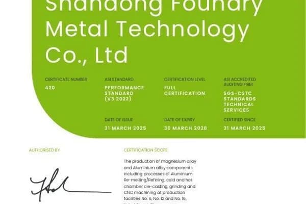 ASI certifies Shandong Foundry Metal Technology Co., Ltd against Performance Standard V3