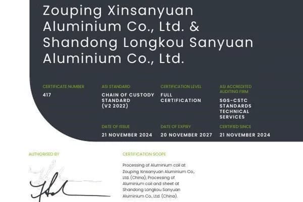 Dual Chinese facilities obtain ASI Chain of Custody Standard Certification for aluminium coil and sheet processing