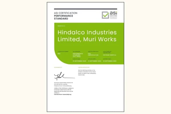 ASI certifies Hindalco Industries Limited, Muri Works against Performance Standard V3.1