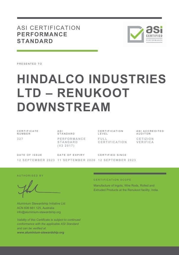 ASI grants Performance Standard Certification to Hindalco’s Renukoot Downstream facility