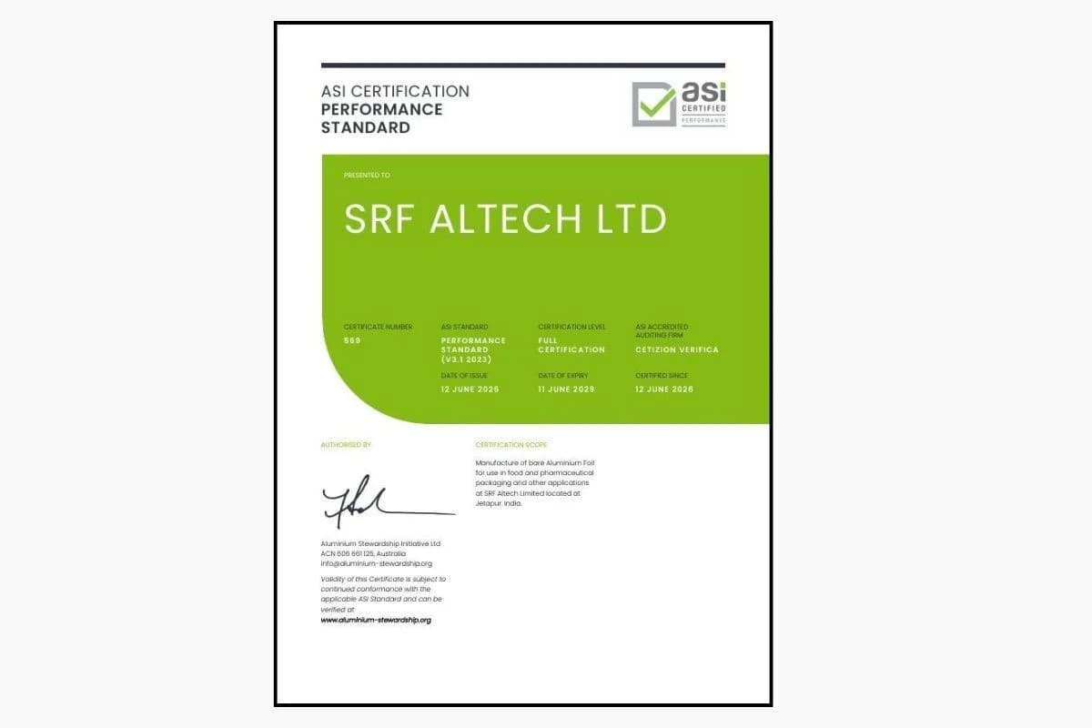 ASI certifies SRF ALTECH LTD against Performance Standard V3.1