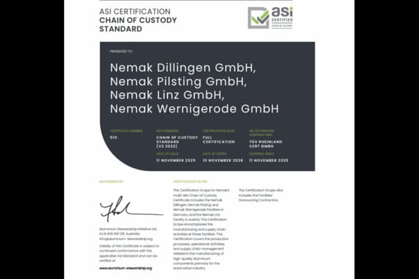 ASI certifies Nemak Dillingen GmbH, Nemak Pilsting GmbH, Nemak Linz GmbH and Nemak Wernigerode GmbH against Chain of Custody Standard V2