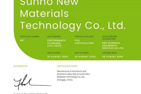 ASI certifies Sunho New Materials Technology Co., Ltd. against Performance Standard V3.1 and Chain of Custody V2