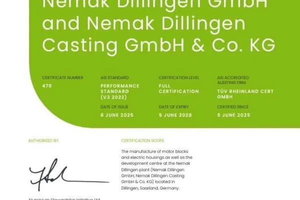 ASI certifies Nemak S.A.B de C.V against Performance Standard V3