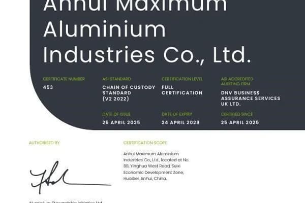 ASI certifies Jiangsu Zhongji Lamination Materials Co., Ltd against Chain of Custody Standard V2