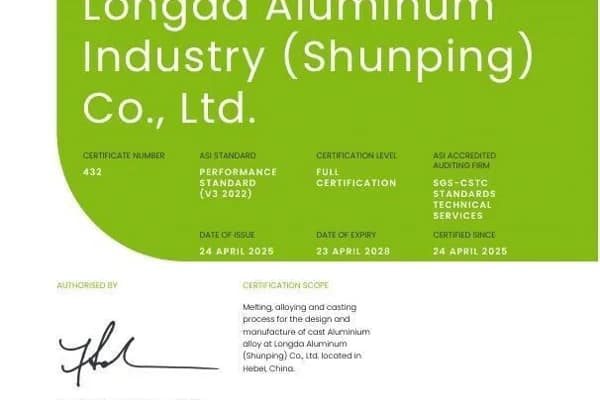 ASI certifies Lizhong Group against Performance Standard V3