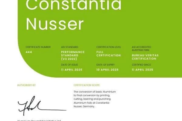 ASI certifies Constantia Flexibles International GmbH against Performance Standard V3 and Chain of Custody V2