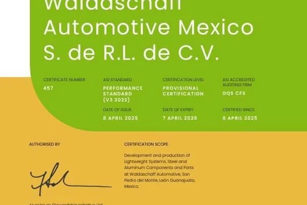 ASI certifies Waldaschaff Automotive Mexico S. de R.L. de C.V. against Performance Standard V3 with Provisional status