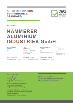 Hammerer Aluminium bags ASI Performance Standard Certification