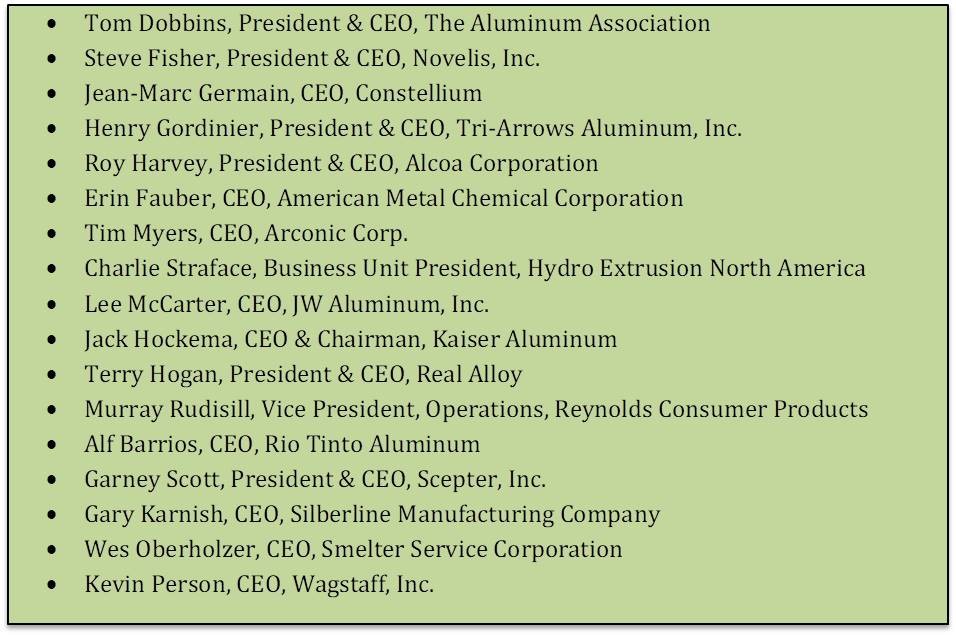 Signatories of US Aluminium CEO's opposing the 232 tariff on Canada 