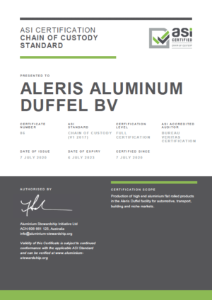 Aleris Aluminium Duffel receives ASI Chain of Custody Standard Certification 