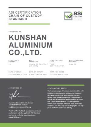 ASI certifies Kunshan Aluminium Co., Ltd. against Custody Standard Certification