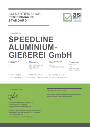 ASI certifies Alu-Met’s Speedline Aluminium-Gießerei GmbH facility against Performance Standard certification 