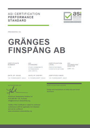 ASI certifies Gränges against Provisional Performance Standard Certification for aluminium casting and rolling operations