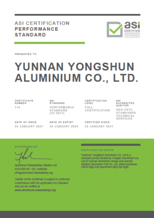 ASI certifies Yunnan Yongshun Aluminium’s flat alloy ingot facility against Performance Standard Certification