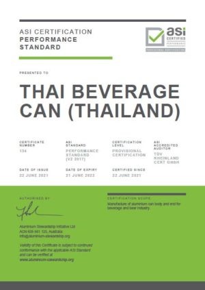 ASI certifies Thai Beverage Can against Performance Standard & Chain of Custody Standard Certification
