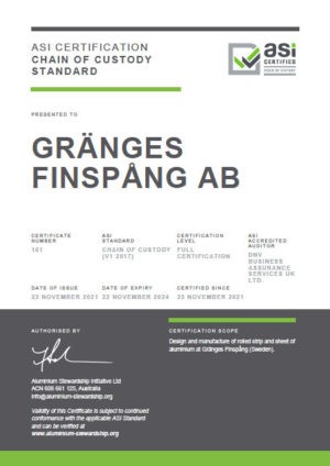 ASI certifies Gränges plant in Sweden against Chain of Custody Standard Certification for aluminium casting & rolling