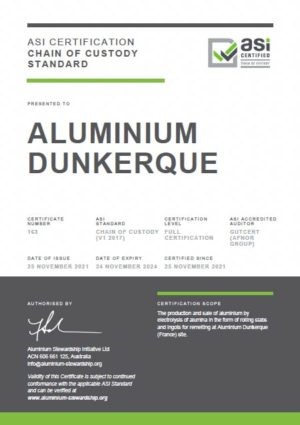 Alvance Aluminium Dunkerque now owns dual ASI certification by achieving Chain of Custody Standard
