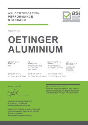 ASI certifies OETINGER Aluminium against Performance Standard Certification with Provisional status