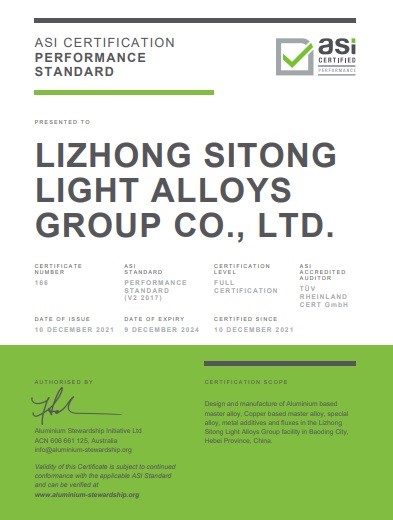 ASI certifies Lizhong Sitong Light Alloys Group against Performance Standard Certification 
