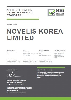 ASI certifies Novelis subsidiary plant in Yeongju against Chain of Custody Standard certification for manufacturing aluminum coil and sheet