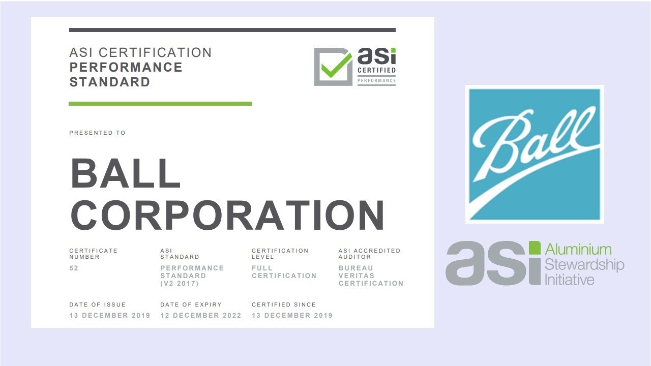 Ball Beverages USA receives ASI Performance Standard and Chain of Custody Certifications