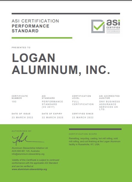 Logan Aluminum receives ASI Performance Standard Certification
