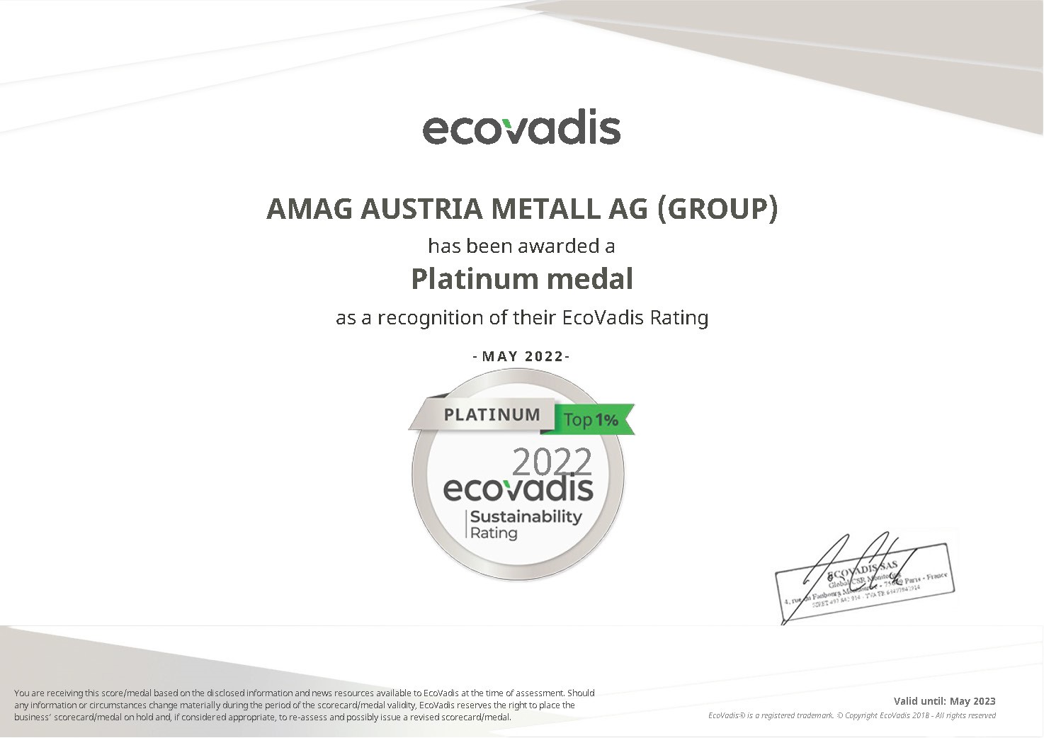 EcoVadis awards AMAG with the Platinum medal for its sustainability efforts