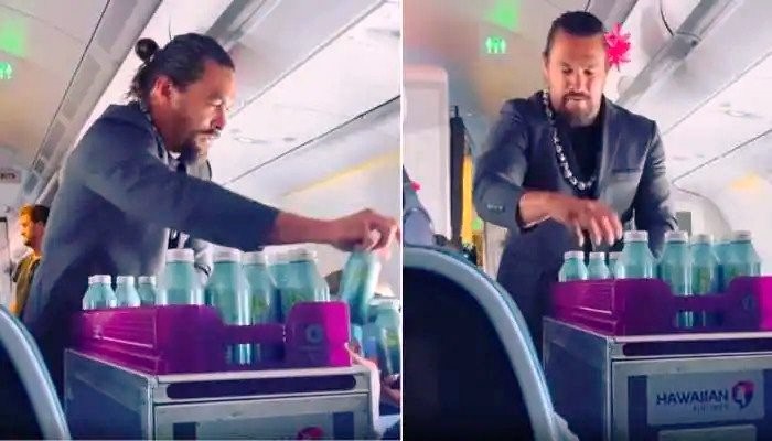 Jason Momoa amazes Hawaiian Airlines passengers by distributing Mananalu aluminium water bottles