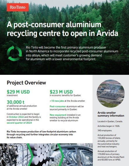 Arvida recycling facility to expand Rio Tinto's low-carbon aluminium products