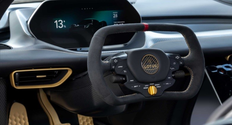 British marque Lotus Cars launches Evija Fittipaldi with recycled aluminium rotary gear shift dial