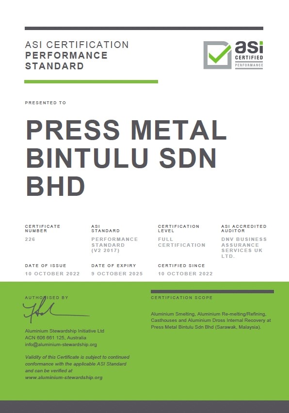 ASI certifies Press Metal Bintulu Sdn Bhd against Performance Standard V2 (2017) for aluminium remelting & casting activities