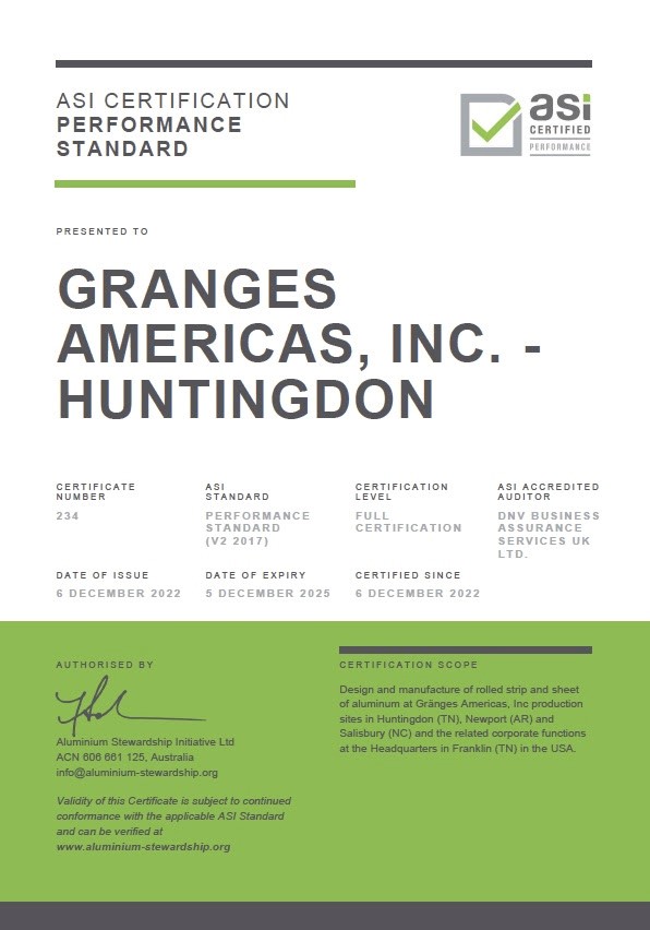ASI awards Performance and Chain of Custody Certifications to Gränges Americas Inc. facilities in USA , Alcircle News