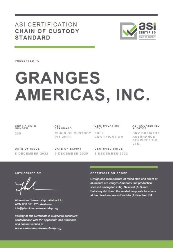 ASI awards Performance and Chain of Custody Certifications to Gränges Americas Inc. facilities in USA , Alcircle News