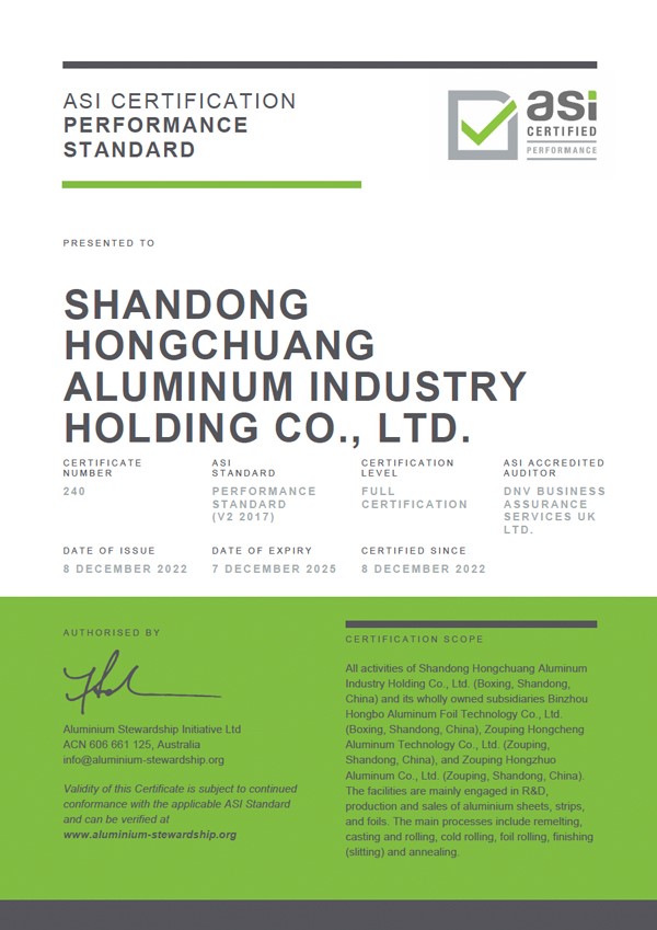 ASI certifies Shandong Hongchuang Aluminium against Performance Standard for rolling operations