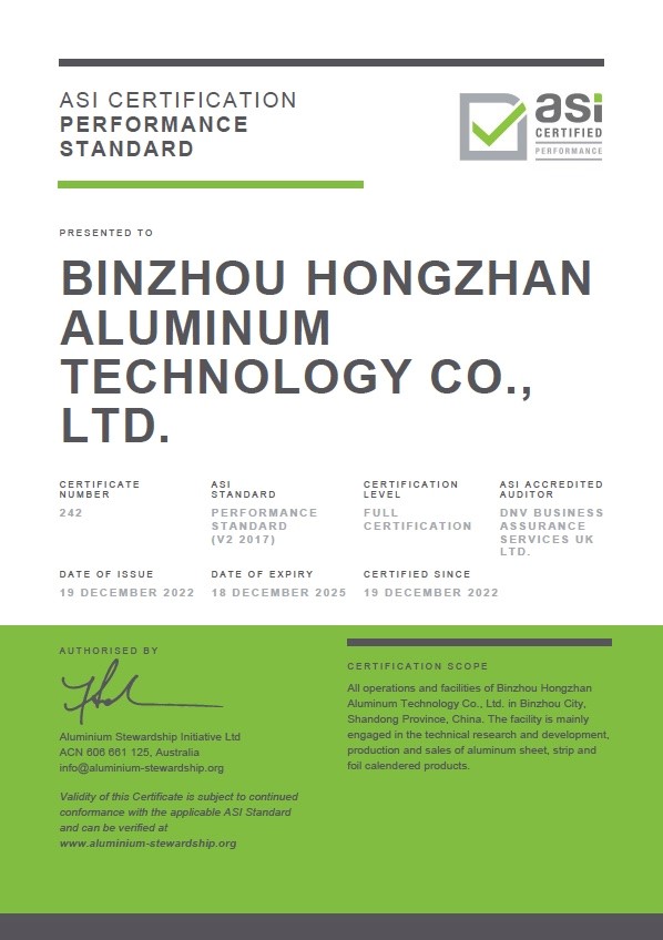 ASI certifies Binzhou Hongzhan Aluminium Technology against Performance Standard for aluminium alloy rolled production