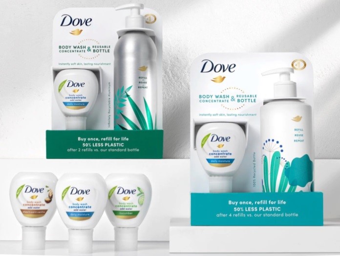 Dove body wash in reusable aluminium bottles and HDPE packaging