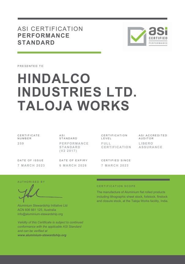 Hindalco’s sheet rolling operation at Taloja wins ASI Performance Standard V2 (2017) certification