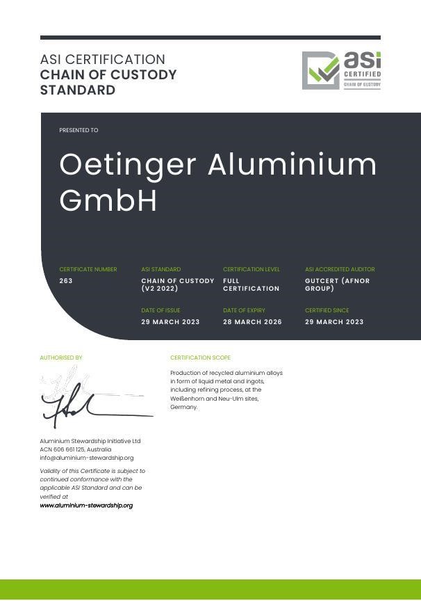 Oetinger Aluminium GmbH represents Europe as the first recipient of ASI CoC Standard V2 (2022) Certification