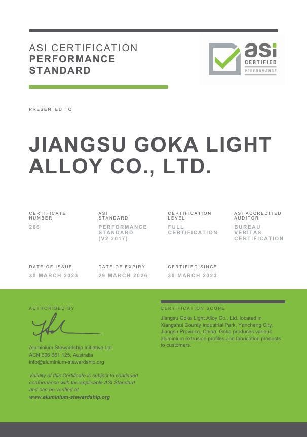 Jiangsu Goka Light Alloy Co., Ltd. bags ASI Performance Standard
