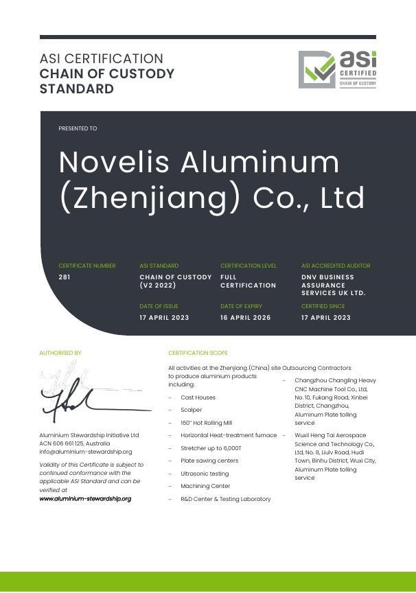 ASI offers Chain of Custody Standard V2 (2022) certification to Novelis’ rolling facility in Jiangsu