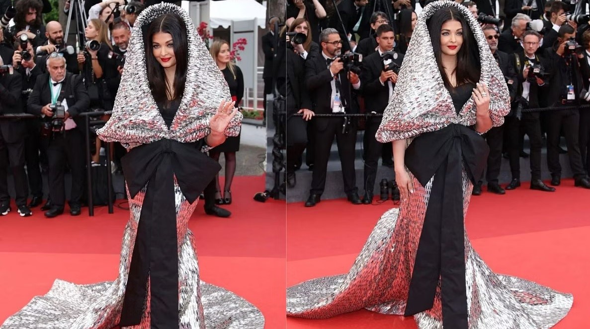 Former Miss World graces the French Riviera in a Sophie Couture aluminium gown