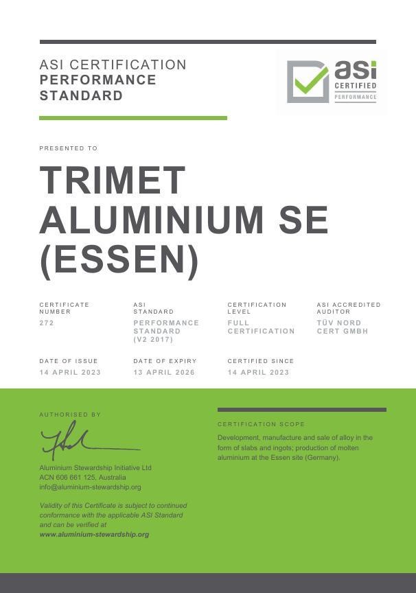 Trimet's aluminium smelter in Essen enters ASI Performance Standard Certification